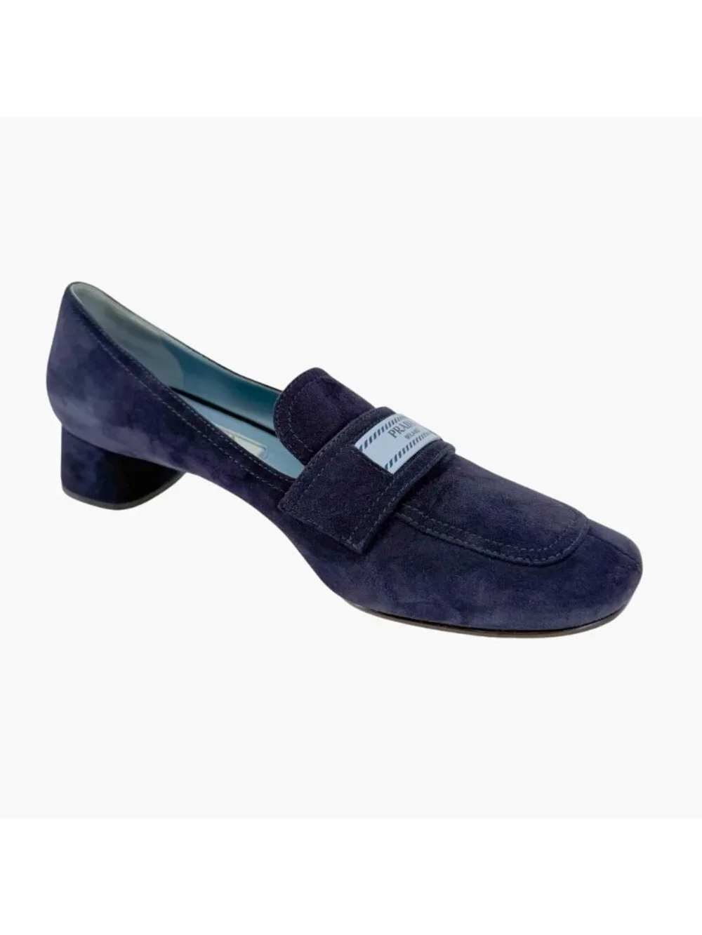 Prada Logo Loafer Pumps Heels Navy Suede Size 37.5 US 7.5 Women’s Blue